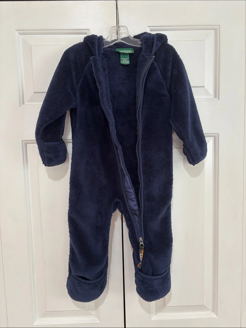 LL Bean Plush Navy Fleece One-Piece with Hood Size 12-18M EUC